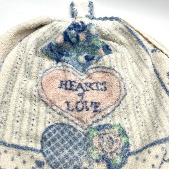 Vintage Crocheted Top Hanging Kitchen Towel Hearts of Love Country Cottage Blue - Picture 2 of 6